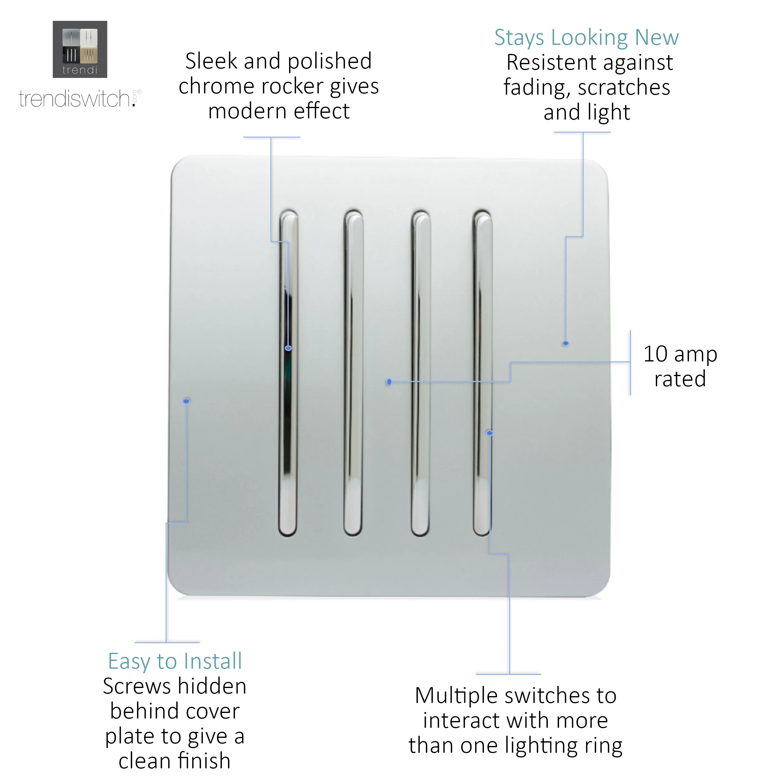 4 Gang 2 Way 10 Amp Rocker Silver ART-SS8SI  Trendi Platinum Silver